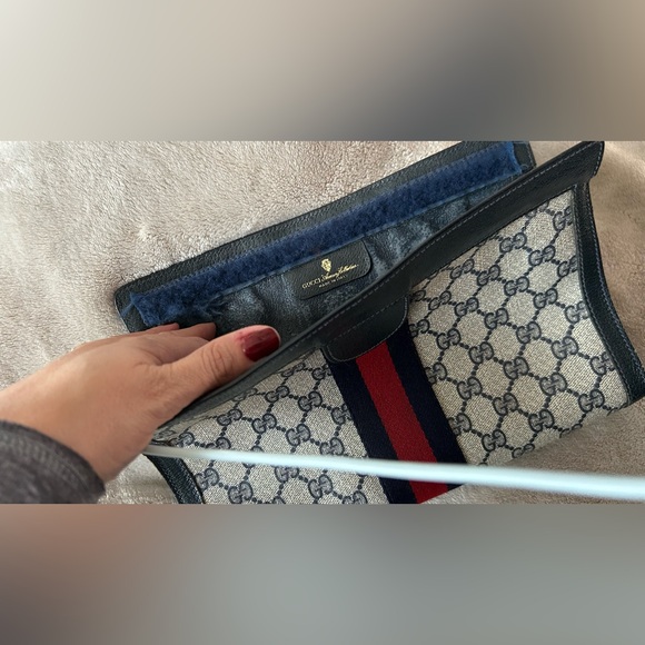Beige and Navy GG Monogram Clutch with Striped Logo Accent - Picture 7 of 8